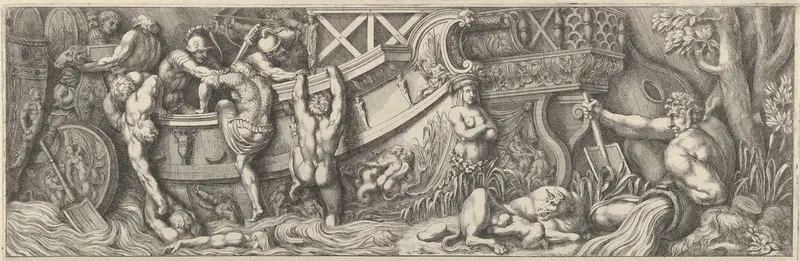 Plate 8: battle between soldiers on a boat and naked men trying to climb in, a river god at right Wall Art by Pietro Santi Bartoli - High-Resolution Digital Print