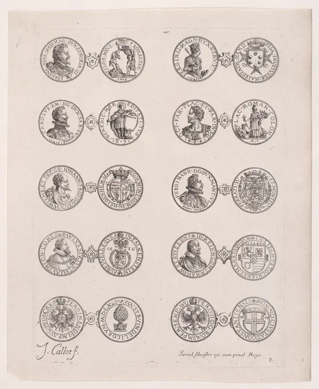 Plate 8, Featuring 10 Coins Issued by European Princes in the 16th and 17th centuries, from "Les Monnaies" (The Currencies) Wall Art by Jacques Callot - High-Resolution Digital Print