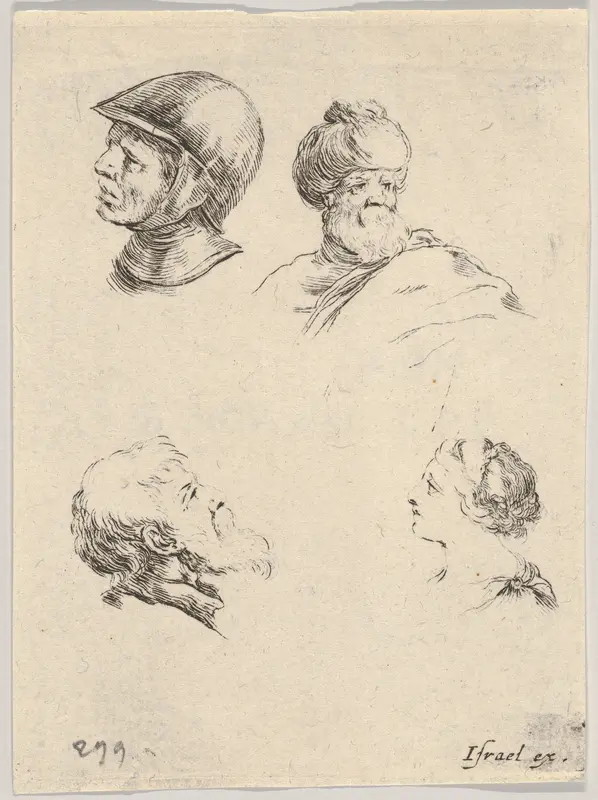 Plate 8: Four small heads, a soldier at upper left, a Turk with a turban and beard at upper right, a bearded man in profile at bottom left, a young woman in profile at bottom right, from "The Book for Learning to Draw" (Livre pour apprendre à dessine Wall Art by Stefano della Bella - High-Resolution Digital Print