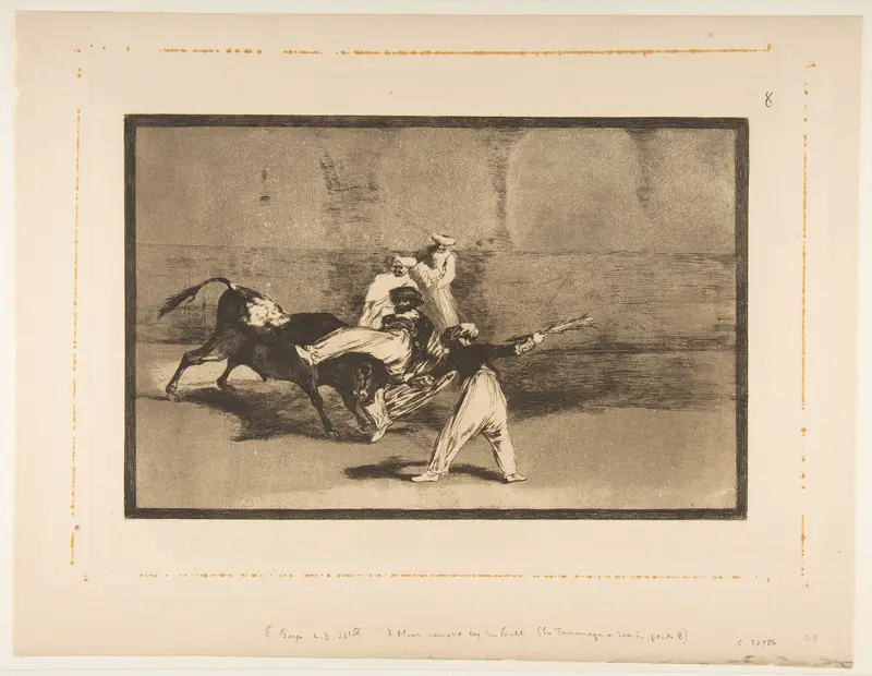 Plate 8 from "Tauromaquia": A moor caught by the bull in the ring