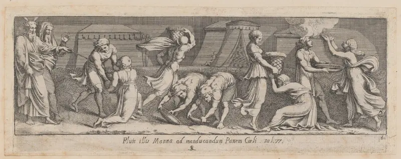 Plate 8: Israelites Collecting Manna, from Exodus 15 and 16, after a lost fresco in the basamento of Bay 8 of the Vatican Loggia Wall Art by Pietro Santi Bartoli - High-Resolution Digital Print