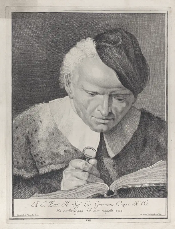 Plate 8: Man in a hat reading a book with a magnifying glass; from 'Icones ad vivum expressae' after Giovanni Battista Piazzetta Wall Art by Giovanni Cattini - High-Resolution Digital Print