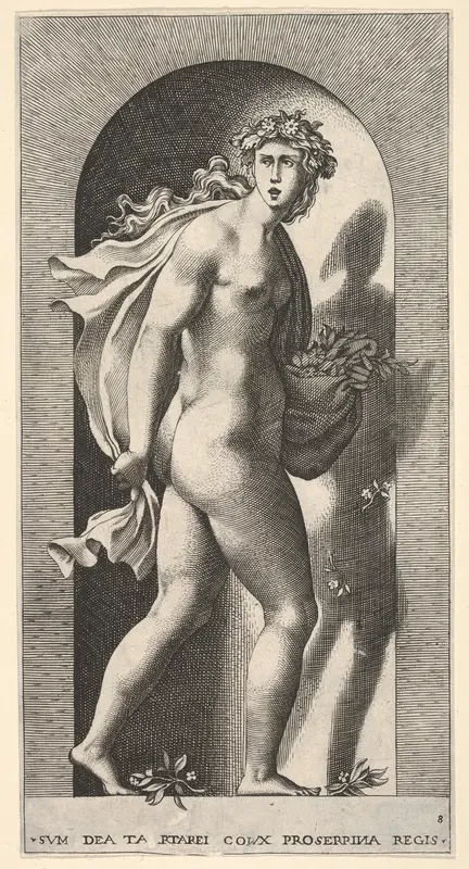 Plate 8: Proserpina, standing in a niche, turning to the right while holding mantle in both hands and flowers in her right hand, from "Mythological Gods and Goddesses"
