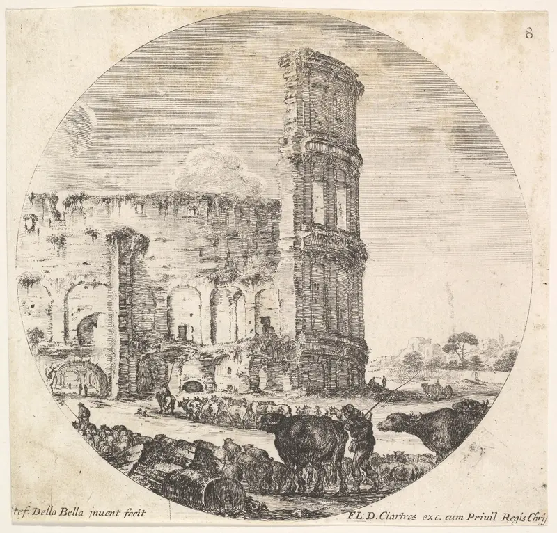 Plate 8: the Colosseum, two herds being directed towards the amphitheater in the foreground, from "Roman landscapes and ruins" (Paysages et ruines de Rome) Wall Art by Stefano della Bella - High-Resolution Digital Print