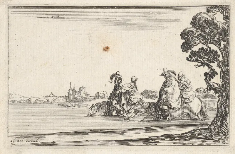 Plate 8: Two horsemen in hats at right, each with a woman seated behind them, riding towards the left in profile across a river, a tree at far right, from "Caprice faict par de la Bella" Wall Art by Stefano della Bella - High-Resolution Digital Print