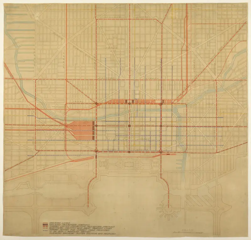 Plate 80 from The Plan of Chicago, 1909: Chicago. Diagram of City Center, Showing the Proposed Arrangement of Railroad Passenger Stations, the Complete Traction System, Including Rapid Transit, Subway, and Elevated Roads, and the Circuit Subway Line. Wall Art by Daniel Hudson Burnham - High-Resolution Digital Print