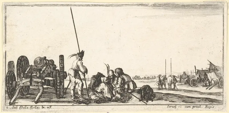 Plate 9: a chariot carrying a cannon to left, soldiers in center playing cards, from "Troops, cannons, and attacks on towns" (Dessins de quelques conduites de troupes, canons, et ataques de villes) Wall Art by Stefano della Bella - High-Resolution Digital Print