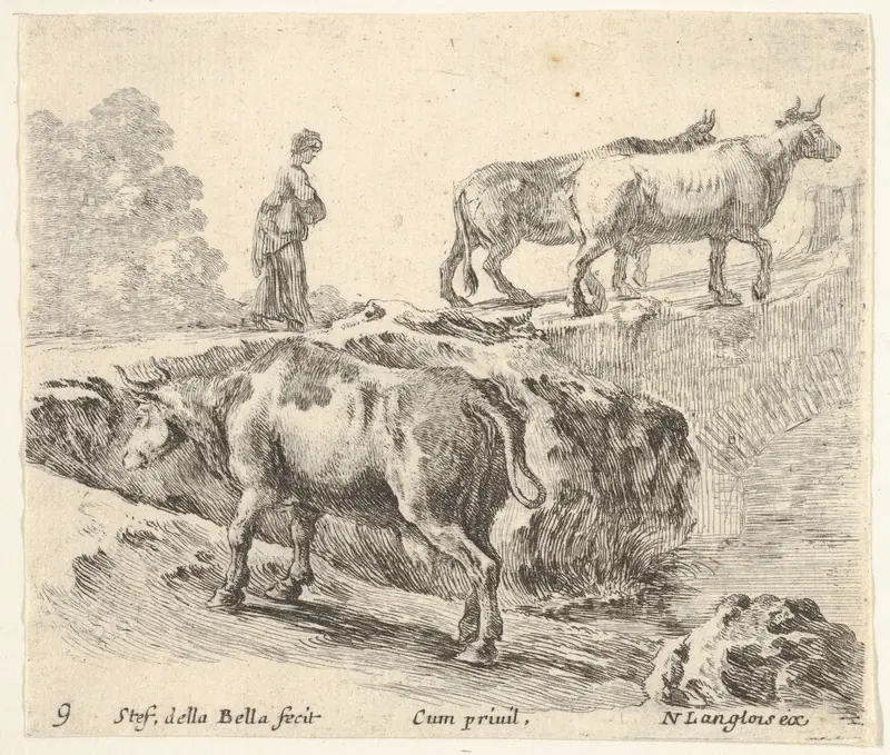 Plate 9: a cow ascending a bank, a peasant woman leading two cows across a bridge in background, from "Diversi Capricci" Wall Art by Stefano della Bella - High-Resolution Digital Print