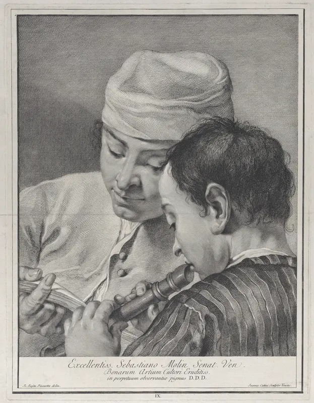 Plate 9: A youth playing the recorder while a man to the left holds up a music book, from "Icones ad vivum expressae" Wall Art by Giovanni Cattini - High-Resolution Digital Print