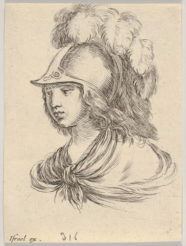Plate 9: Bust of Minerva, wearing a helmet with feathers, looking towards the left, from "Various heads and figures" (Diverses têtes et figures) Wall Art by Stefano della Bella - High-Resolution Digital Print