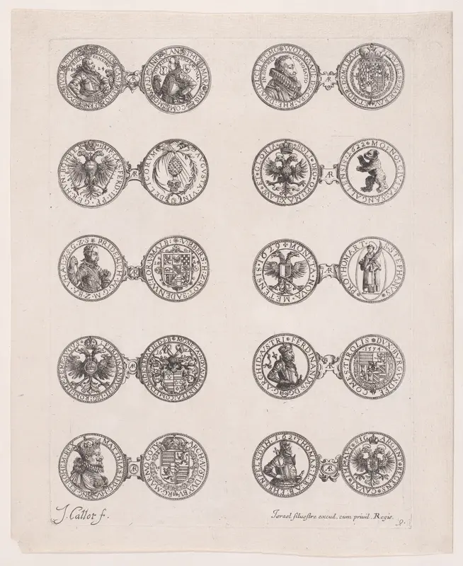 Plate 9, Featuring 10 Coins Issued by European Princes in the 16th and 17th centuries, from "Les Monnaies" (The Currencies) Wall Art by Jacques Callot - High-Resolution Digital Print