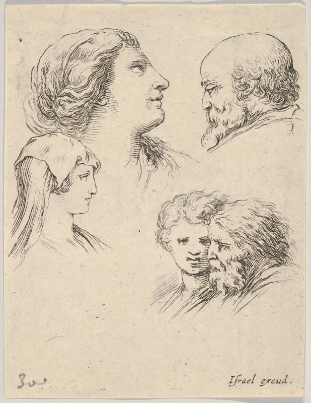 Plate 9: Five heads, two young women at left, a bearded man at upper right, a young woman and a bearded man at bottom right, from "The Book for Learning to Draw" (Livre pour apprendre à dessiner) Wall Art by Stefano della Bella - High-Resolution Digital Print