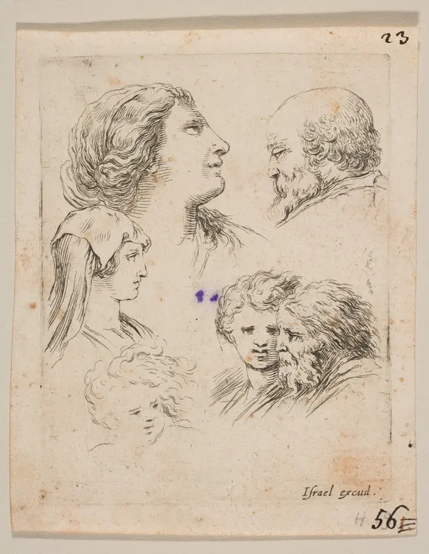Plate 9: five heads, two young women at left, a bearded man at upper right, a young woman and a bearded man at bottom right, from 'The Book for Learning to Draw' (Livre pour apprendre à dessiner) Wall Art by Stefano della Bella - High-Resolution Digital Print