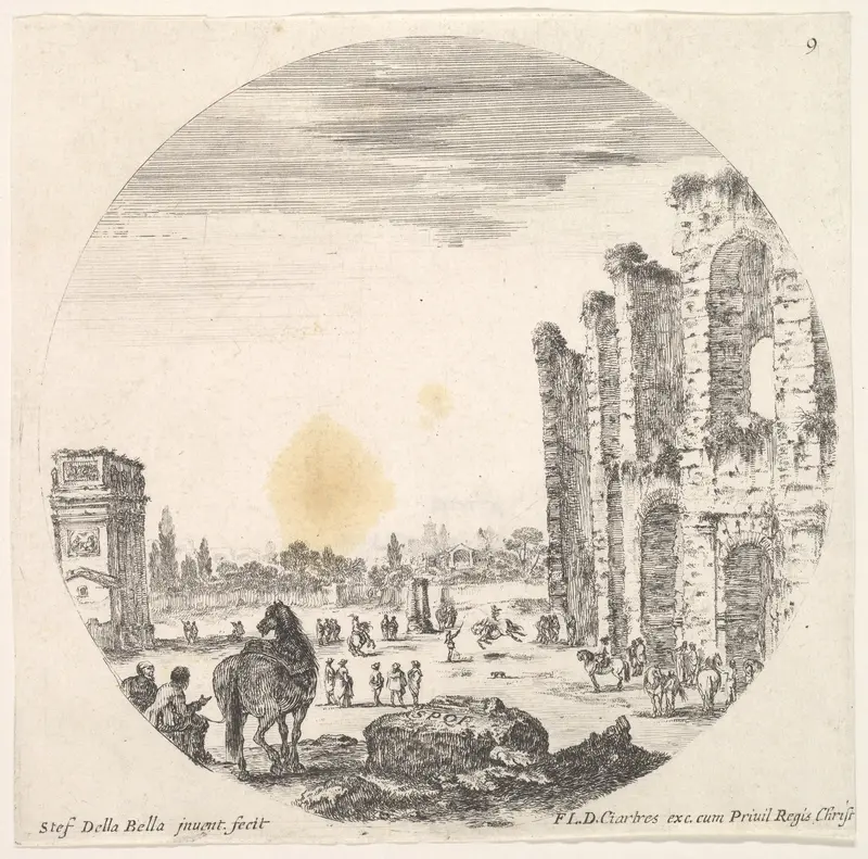 Plate 9: the Arch of Constantine to left, part of the Colosseum to right, from "Roman landscapes and ruins" (Paysages et ruines de Rome) Wall Art by Stefano della Bella - High-Resolution Digital Print