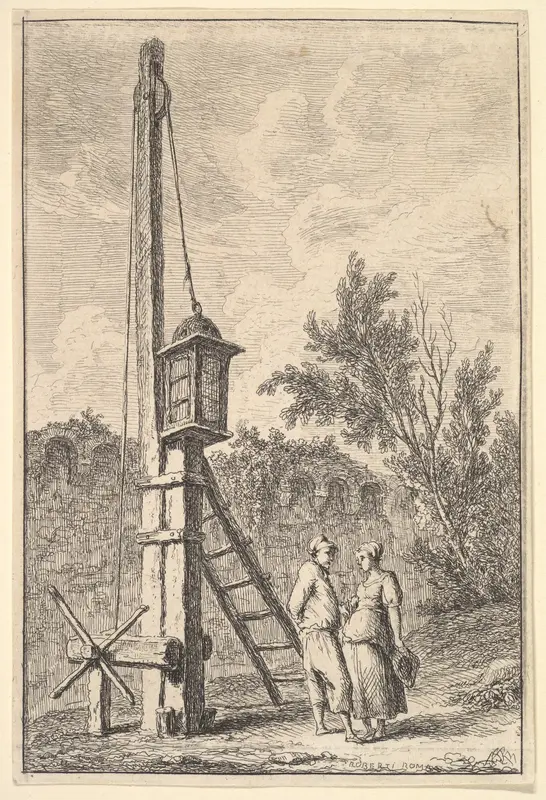 Plate 9: The Pulley: a man and a woman conversing to right, a lantern hung on a post to left, from "Les soirées de Rome" Wall Art by Hubert Robert - High-Resolution Digital Print