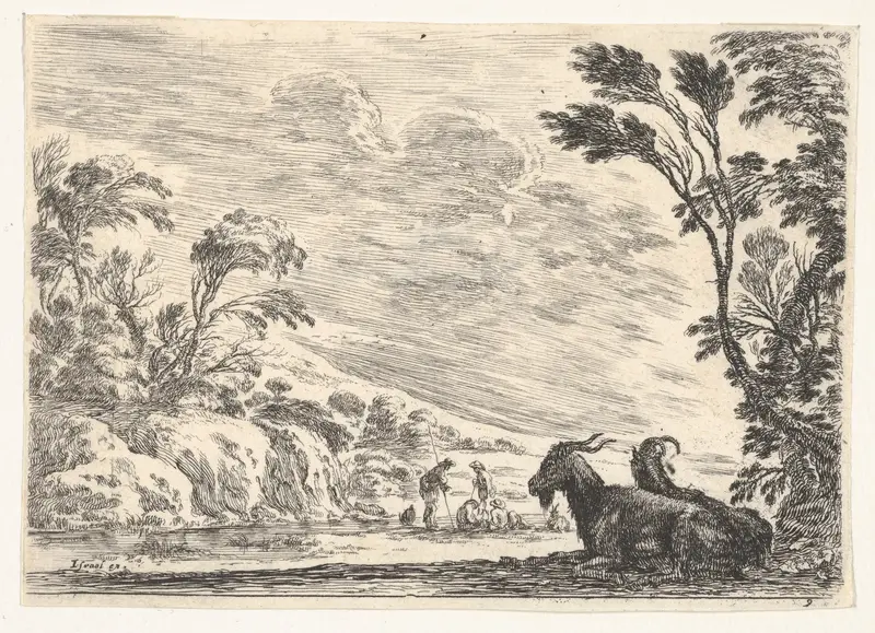 Plate 9: Two goats resting to right, turned towards the left, four men and a horse in a river in the background, from "Various Figures" (Agréable diversité de figures) Wall Art by Stefano della Bella - High-Resolution Digital Print