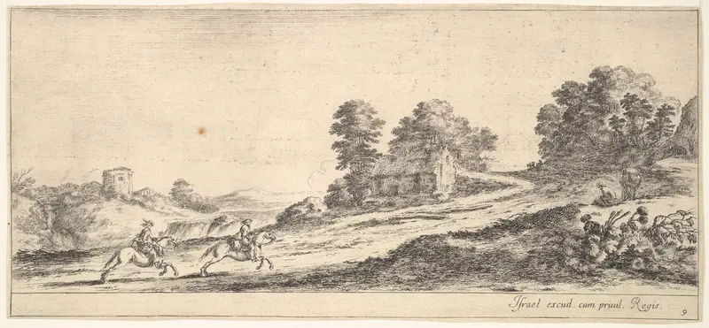 Plate 9: two horsemen at left galloping uphill towards the right, a horse and seated man to right, from "Various Landscapes" (Divers Paysages) Wall Art by Stefano della Bella - High-Resolution Digital Print