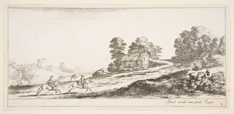 Plate 9: two horsemen at left galloping uphill towards the right, a horse and seated man to right, from 'Various landscapes' (Divers paysages) Wall Art by Stefano della Bella - High-Resolution Digital Print