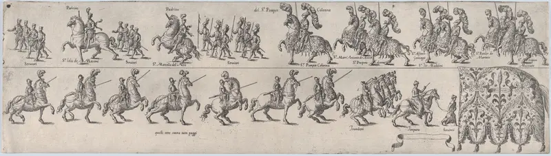 Plate depicting Pompeo Colonna, from a series of twelve showing knights and their attendants dressed for a tournament (plate 6) Wall Art by Anonymous - High-Resolution Digital Print