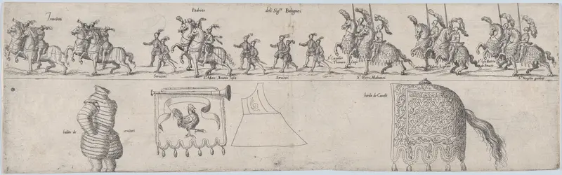 Plate depicting Signore Bolognesi, from a series of twelve showing knights and their attendants dressed for a tournament (plate 9) Wall Art by Anonymous - High-Resolution Digital Print