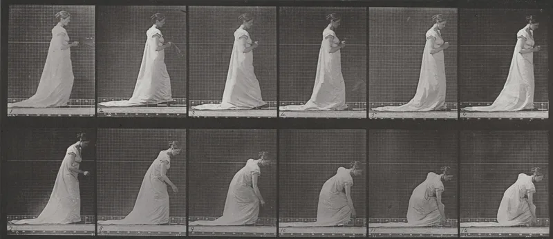 Plate Number 208. Dropping a fan and stooping to lift it Wall Art by Eadweard Muybridge - High-Resolution Digital Print