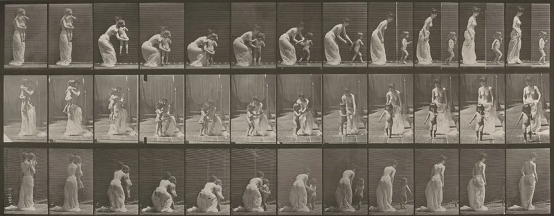 Plate Number 215. Placing a child on the ground; the child running off Wall Art by Eadweard Muybridge - High-Resolution Digital Print