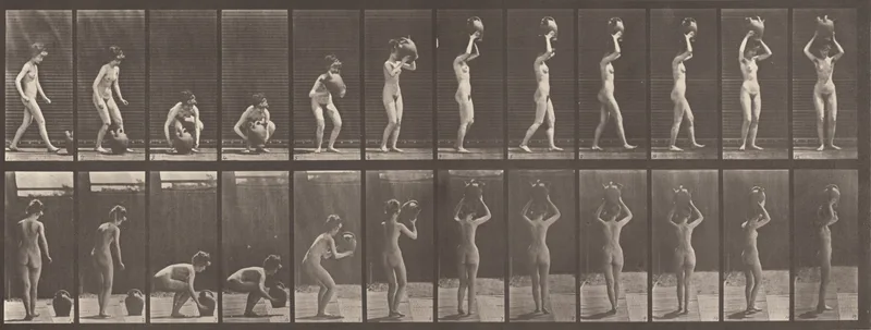 Plate Number 222. Stooping, lifting a water jar to head and turning Wall Art by Eadweard Muybridge - High-Resolution Digital Print