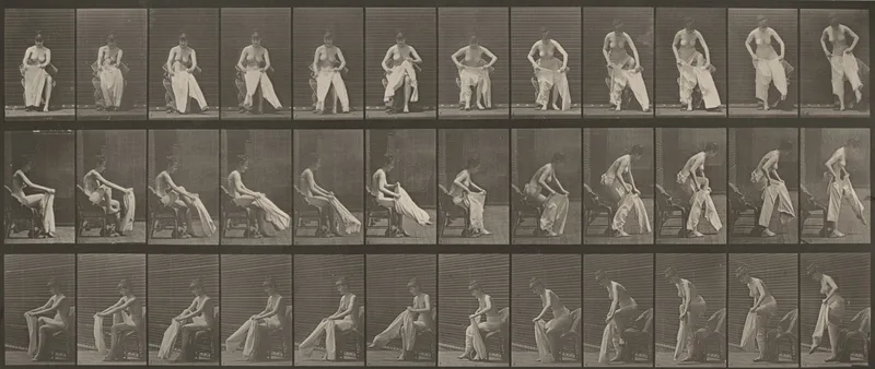 Plate Number 420. Toilet, rising from chair and putting on clothing Wall Art by Eadweard Muybridge - High-Resolution Digital Print