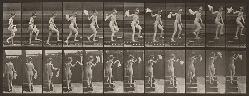 Plate Number 96. Ascending stairs, looking round and waving a handkerchief Wall Art by Eadweard Muybridge - High-Resolution Digital Print
