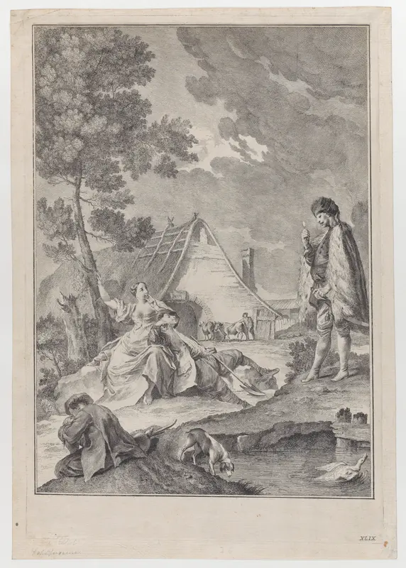 Plate XLIX: Pastoral scene with peasants napping, one resting on a woman under a tree, a soldier approaches at right; from 'Studi di pittura gia dissegnati da Giambatista Piazzetta' after Giovanni Battista Piazzetta Wall Art by Giuliano Giampiccoli - High-Resolution Digital Print