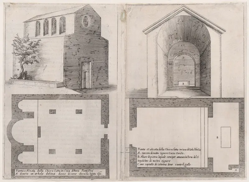 Plates 12 and 13, from "Trattato delle Piante & Immagini de Sacri Edifizi di Terra Santa" (Treatise of the Plans & Images of the Sacred Buildings of the Holy Land) Wall Art by Jacques Callot - High-Resolution Digital Print