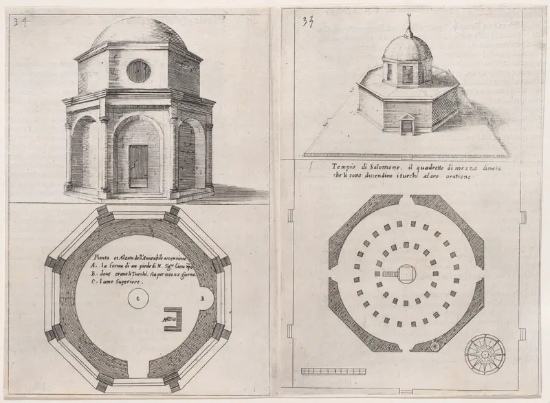 Plates 27 and 28, from "Trattato delle Piante & Immagini de Sacri Edifizi di Terra Santa" (Treatise of the Plans & Images of the Sacred Buildings of the Holy Land) Wall Art by Jacques Callot - High-Resolution Digital Print