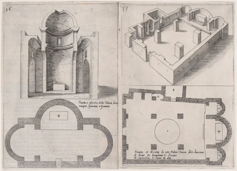 Plates 29 and 30, from "Trattato delle Piante & Immagini de Sacri Edifizi di Terra Santa" (Treatise of the Plans & Images of the Sacred Buildings of the Holy Land) Wall Art by Jacques Callot - High-Resolution Digital Print