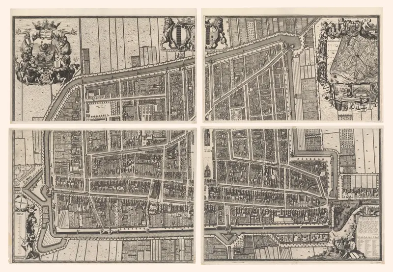 Plattegrond van de Kaart Figuratief van Delft, bestaande uit vier delen Wall Art by G. Wingendorp - High-Resolution Digital Print