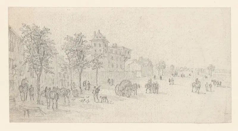 Pleisterplaats aan de rand van de stad, links twee afgespannen paarden Wall Art by Georges Michel - High-Resolution Digital Print