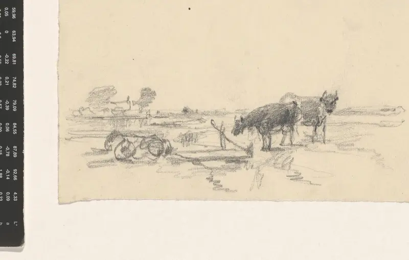 Ploegende mannen met paarden en een constructietekening van werktuig Wall Art by Jan Bedijs Tom - High-Resolution Digital Print