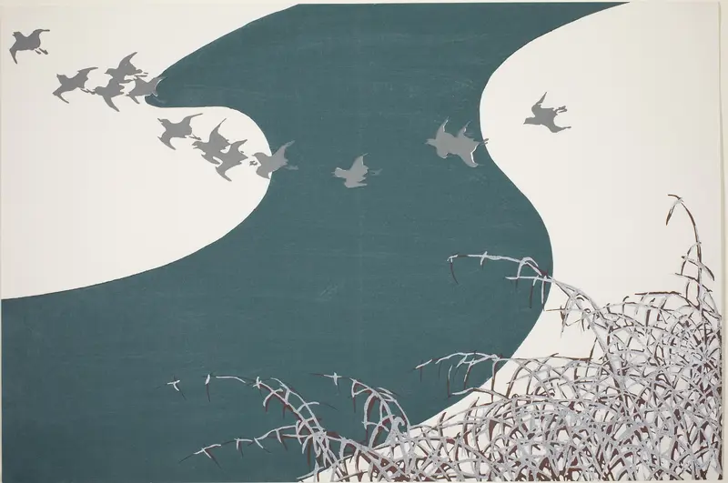 Plovers Flying Across a River above Snow-Laden Reeds (Fuyu no Kawa), from the series "Worlds of Things (Momoyogusa)"