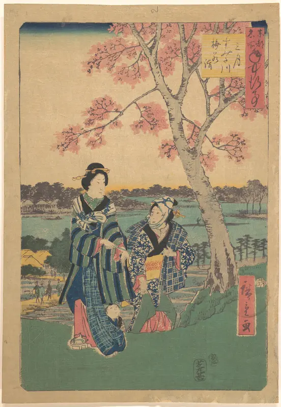 Plum-blossom viewing in the third month at Sumida River from the series  Annual Events at Famous Places in the Eastern Capital  (Tōto meisho nenjū gyōji sangatsu sumitagawa waka mōde)