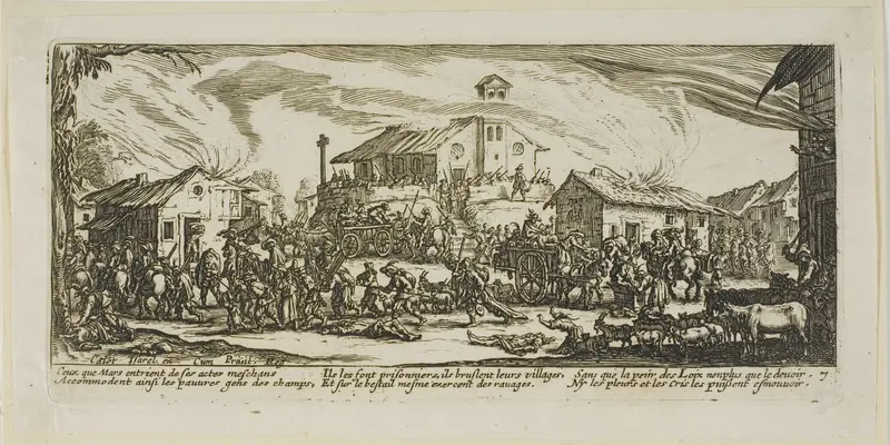 Plundering and Burning a Village, plate seven from The Large Miseries of War Wall Art by Gerrit Lucasz van Schagen - High-Resolution Digital Print