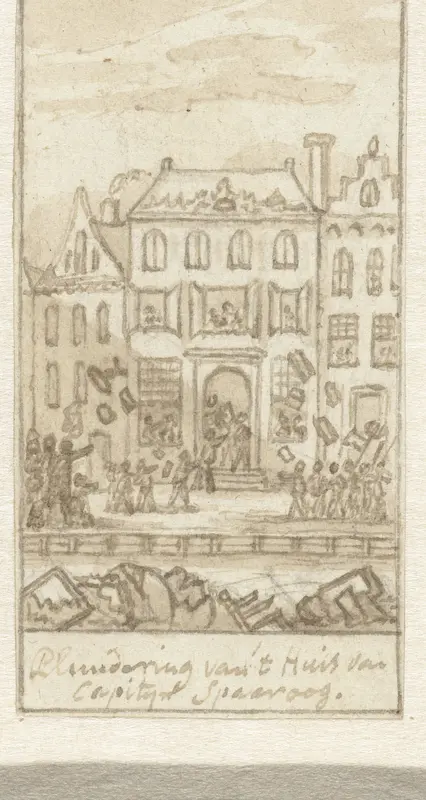 Plundering van het huis van kapitein Spaaroog tijdens het Aansprekersoproer te Amsterdam, 1696 Wall Art by Simon Fokke - High-Resolution Digital Print