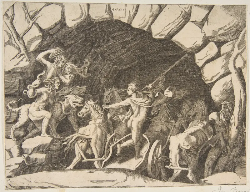 Pluto riding a chariot descending into Hell, from "Division of the Universe" Wall Art by Giulio Bonasone - High-Resolution Digital Print