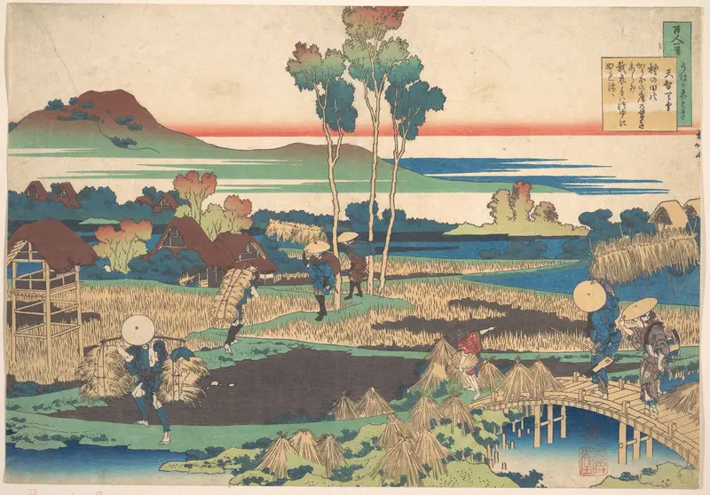 Poem by Tenchi Tennō, from the series One Hundred Poems Explained by the Nurse (Hyakunin isshu uba ga etoki)
