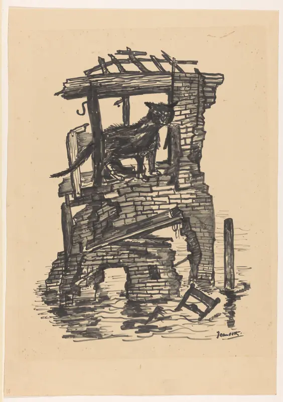 Poes op een ruïne in ondergelopen land Wall Art by Unknown - High-Resolution Digital Print