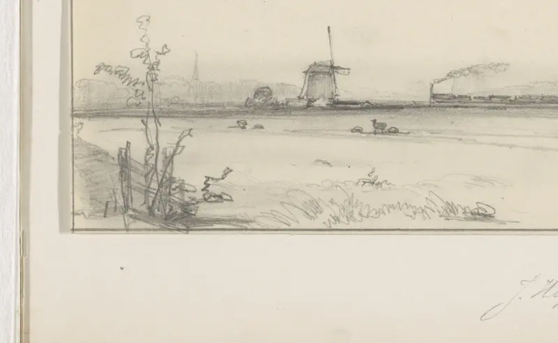 Polderlandschap met molen en stoomtrein Wall Art by Johannes Franciscus Hoppenbrouwers - High-Resolution Digital Print