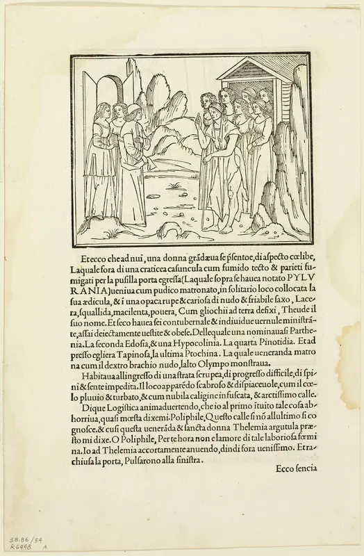 Poliphilus Meeting the Venerable Matron (recto) and Poliphilus in a Rocky Place (verso) from Hypnerotomachia Poliphili (The Strife of Love in a Dream) Plate 54 from Woodcuts from Books of the 15th Century Wall Art by Unknown Italian - High-Resolution Digital Print
