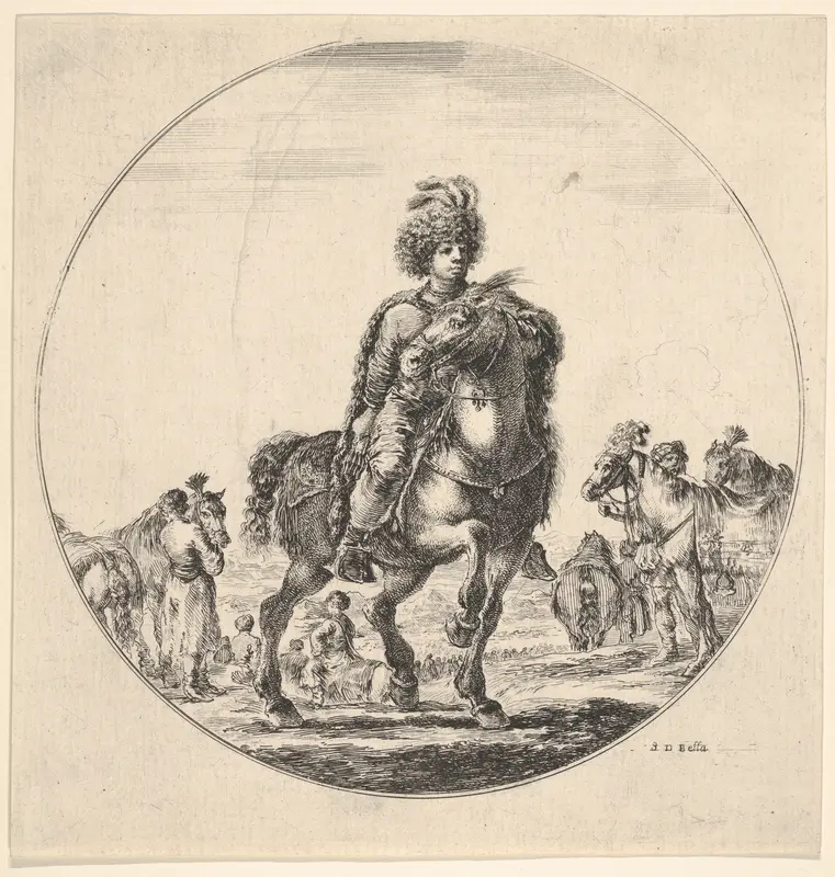 Polish horseman facing right, a circular composition, from "Figures on Horseback" (Cavaliers nègres, polonais et hongrois) Wall Art by Stefano della Bella - High-Resolution Digital Print