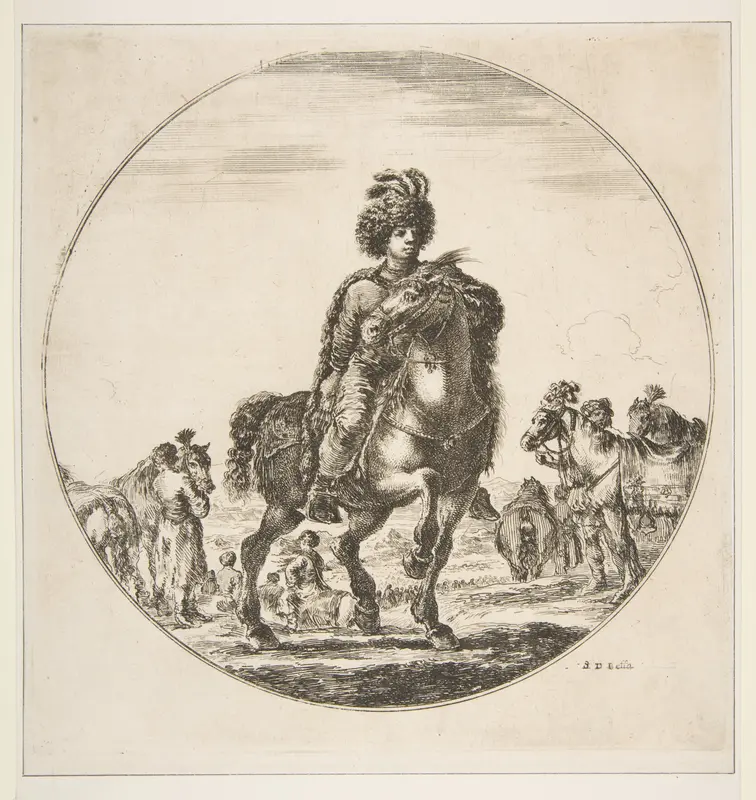 Polish horseman facing right, a circular composition, from 'Figures on Horseback' (Cavaliers nègres, polonais et hongrois) Wall Art by Stefano della Bella - High-Resolution Digital Print