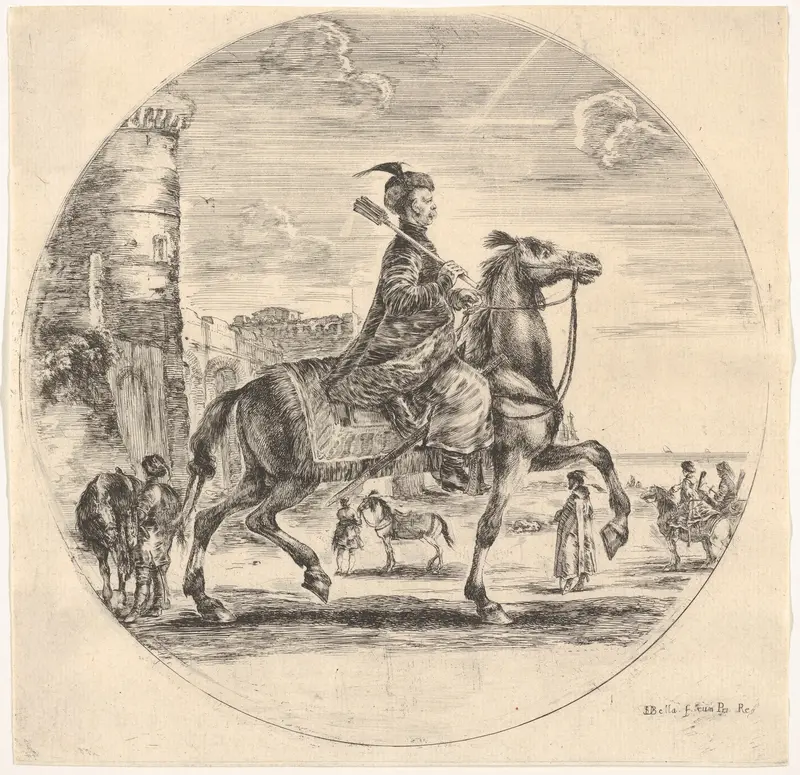 Polish horseman in profile facing right, a tower and other figures on horses in background, a circular composition, from "Figures on Horseback" (Cavaliers nègres, polonais et hongrois) Wall Art by Stefano della Bella - High-Resolution Digital Print