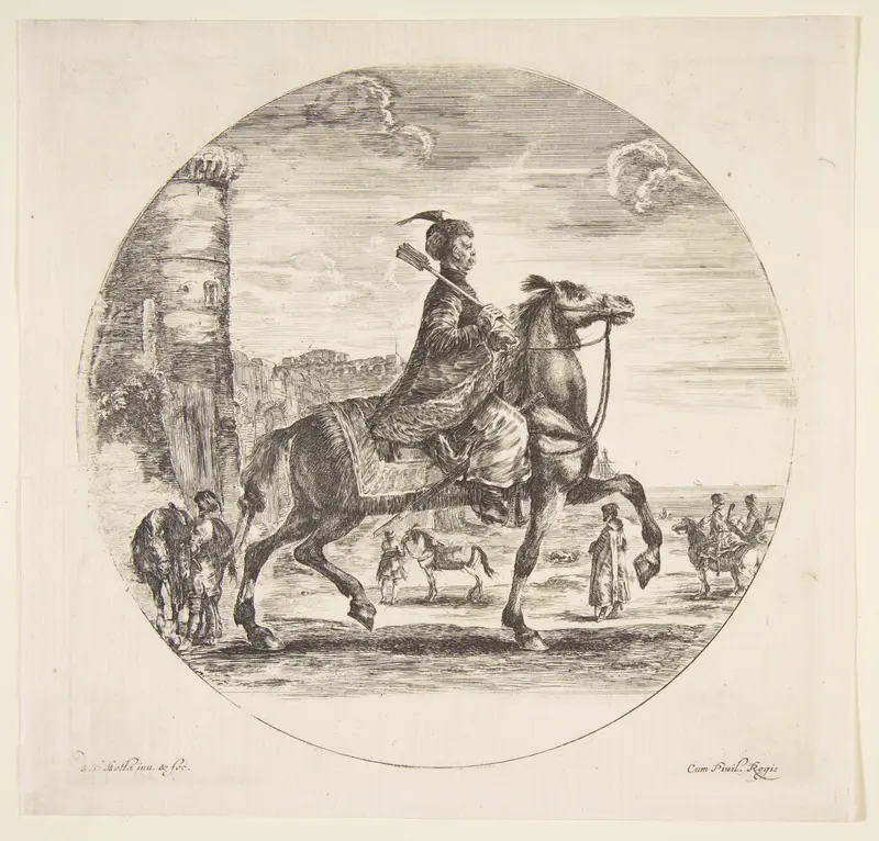 Polish horseman in profile facing right, a tower and other figures on horses in background, a circular composition, from 'Figures on Horseback' (Cavaliers nègres, polonais et hongrois) Wall Art by Stefano della Bella - High-Resolution Digital Print