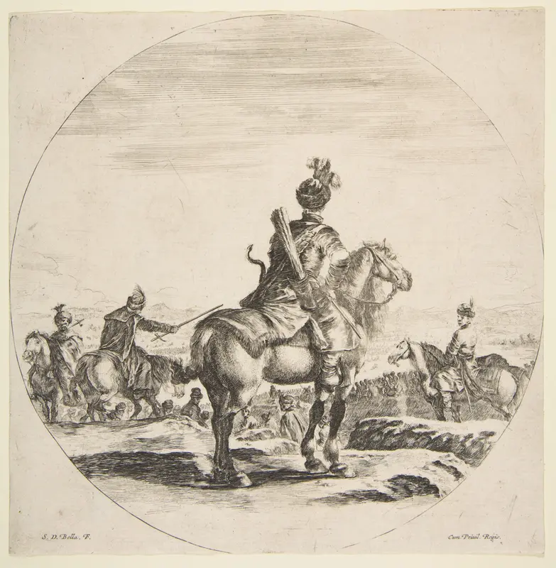 Polish horseman with a bow and arrow, seen from behind with his horse facing right, a circular composition, from 'Figures on Horseback' (Cavaliers nègres, polonais et hongrois) Wall Art by Stefano della Bella - High-Resolution Digital Print